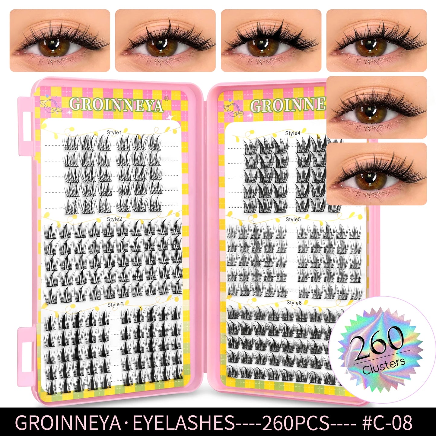 GROINNEYA Ögonfransar Kluster 320 st Naturlig Ögonfransförlängning Klusterfransar Volym Blandade Tray Lashes Kluster Naturliga Fransar