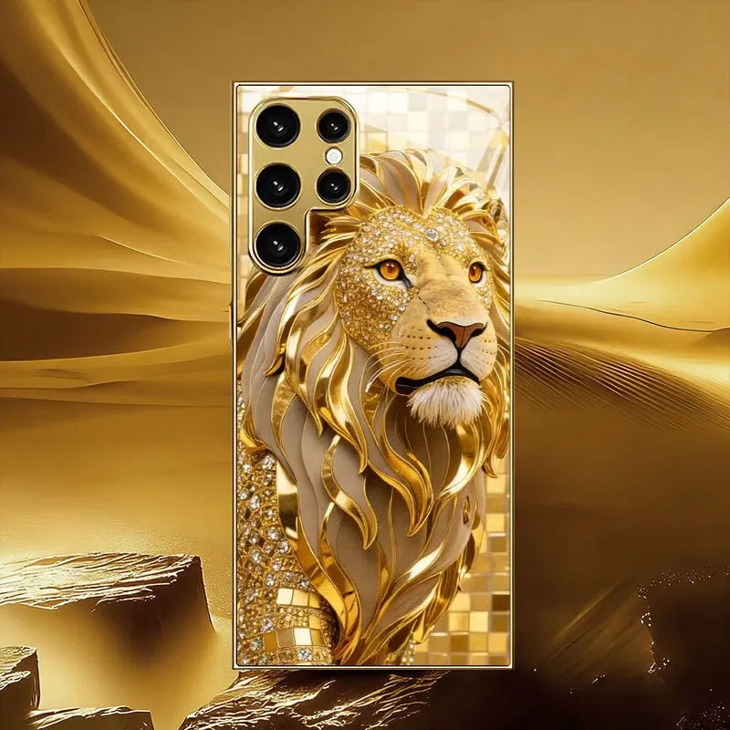 Mobilskal med ”Golden Lion Weiyi”-mönster i galvaniserat guld för Samsung Galaxy S26/S25 Ultra/S24 Ultra/S23/S22 Ultra/S21