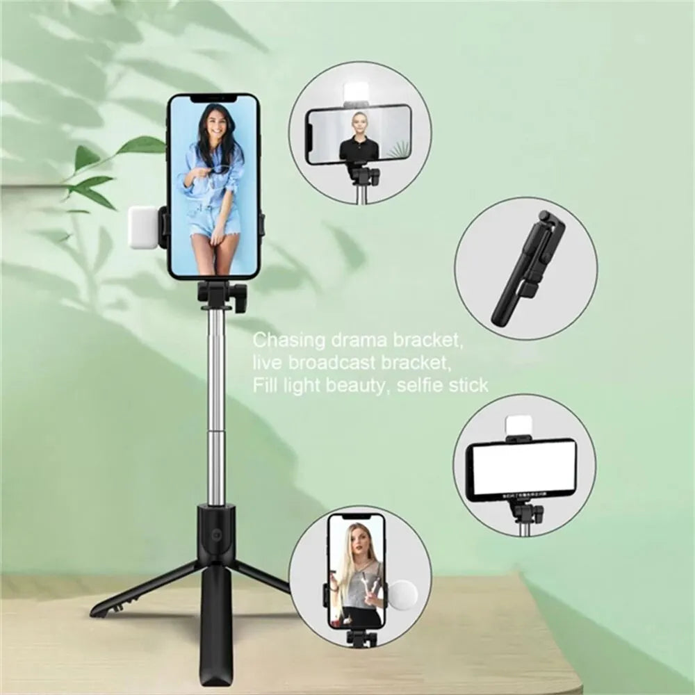 Bärbar Bluetooth Selfie Stick Tripodhållare med fjärrkontroll, fyllnadsljus, utdragbar trådlös fjärrkontroll, infällbar telefonstativ