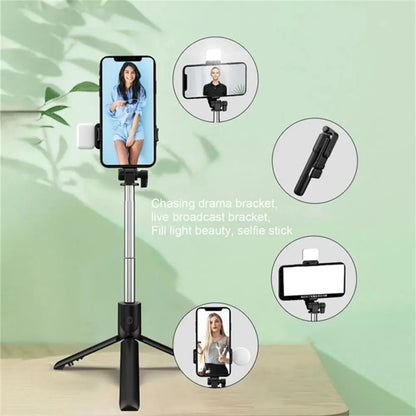 Bärbar Bluetooth Selfie Stick Tripodhållare med fjärrkontroll, fyllnadsljus, utdragbar trådlös fjärrkontroll, infällbar telefonstativ