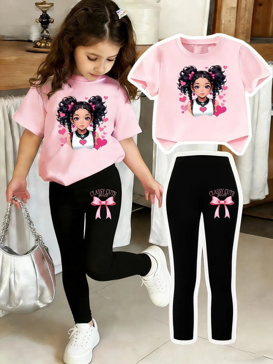 Flickors shortsleeve-set: Vanligt kortärs toppa + svarta leggings två stycken med båttrycktsbyxor och tryckt topp, lämpligt för barn i åldern 4-12 år, avslappnat klädsel till hemmet och utflykter