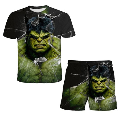 Kids Unisex Marvel Tshirt Set Summer Game Print Superhero Clothes Hulk Iron Man Short Sleeve Pants 2 Piece