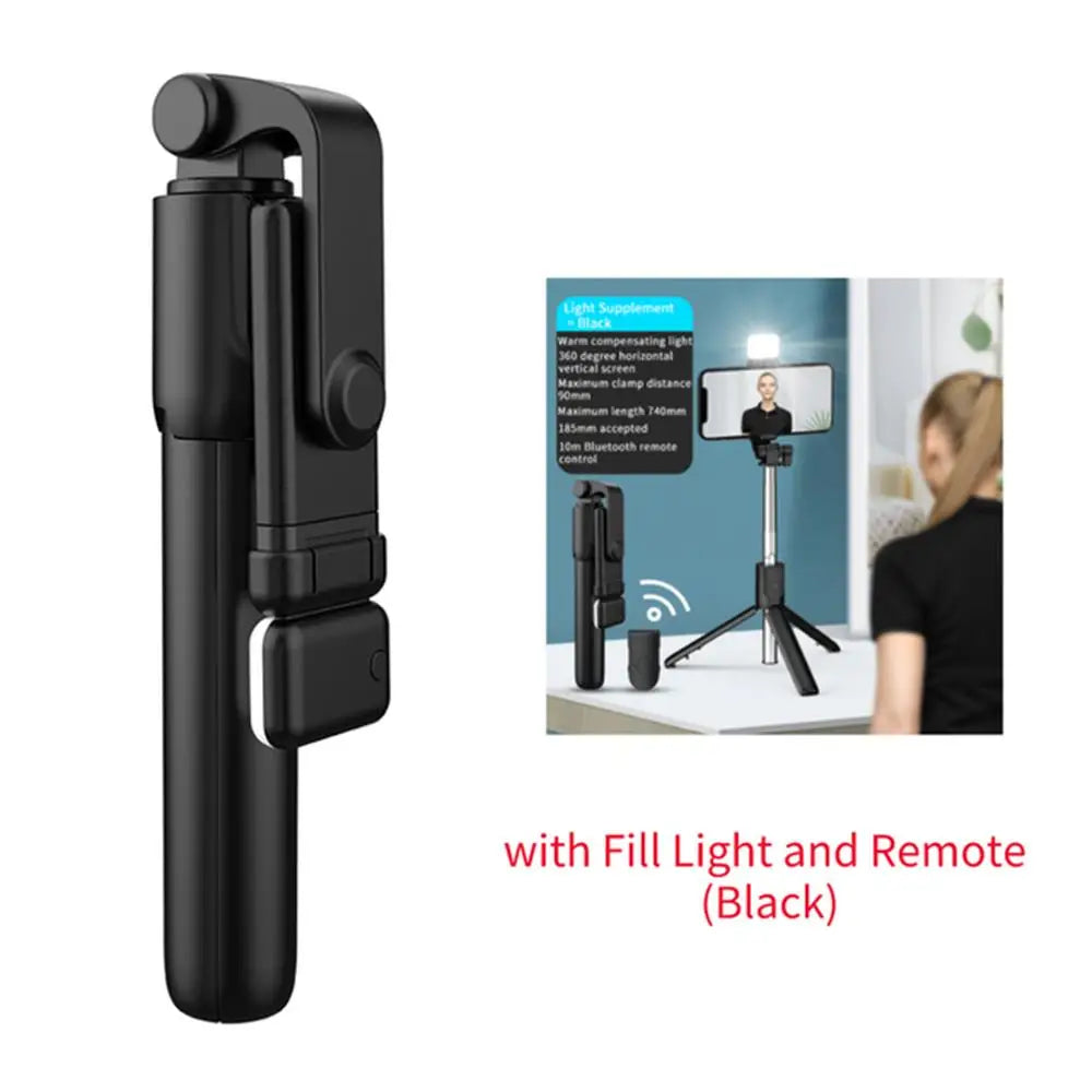 Bärbar Bluetooth Selfie Stick Tripodhållare med fjärrkontroll, fyllnadsljus, utdragbar trådlös fjärrkontroll, infällbar telefonstativ