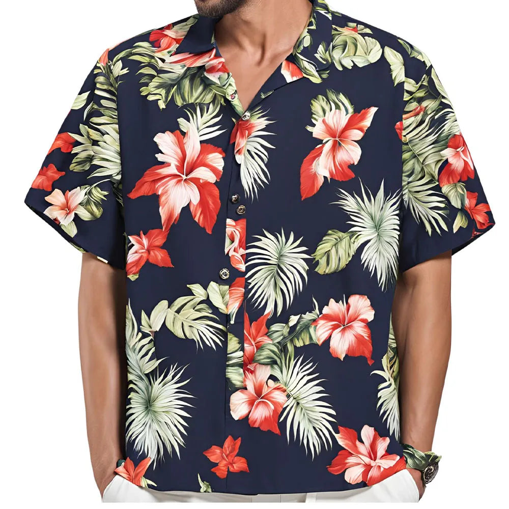 Herrskjorta med kort ärm, Hawaiiskjorta med botaniskt blommönster, slag, strandskjorta, topp, casual, moderiktiga skjortor