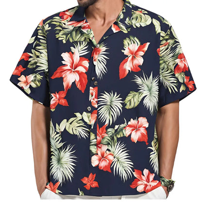 Herrskjorta med kort ärm, Hawaiiskjorta med botaniskt blommönster, slag, strandskjorta, topp, casual, moderiktiga skjortor