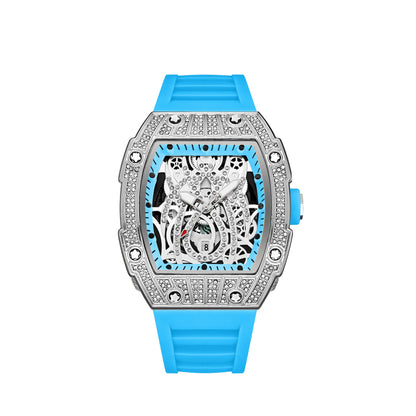 Mode Tonneau Hollow Full Diamond Gravyrhuvud Quartz Klocka Herr Lyxig Lysande Vattentät Datum Klockor Herr Stål Herrklocka