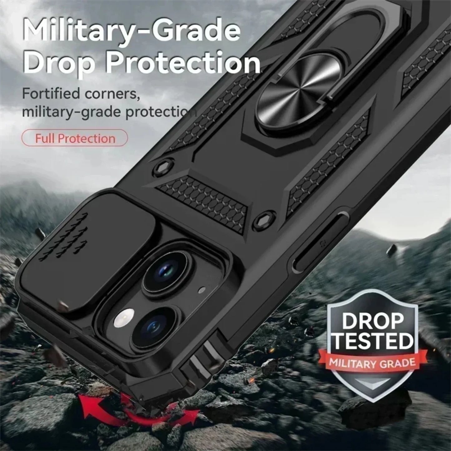 Ringstativ Roterande Skjutkameralins Militärklassat Pansarskal för iPhone 17 16 E 14 13 12 11 15 Pro Max Plus Mini Skal