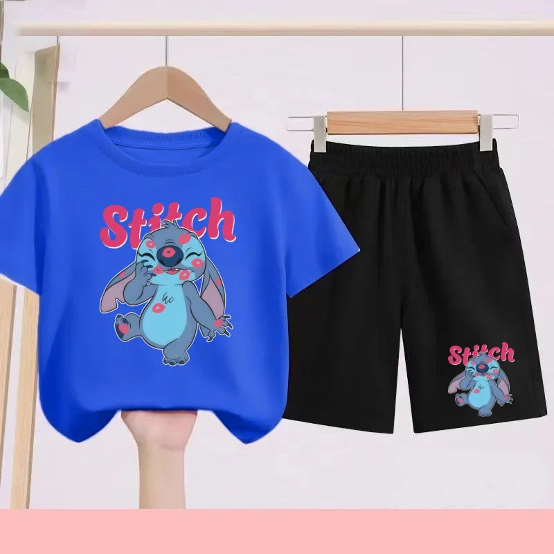 Disney Casual Children's Fashion Set T-shirt+ Shorts 2 Piece Stitch  Print  Boys Girls 3-12 Years Sports Coat Trend Party Sets