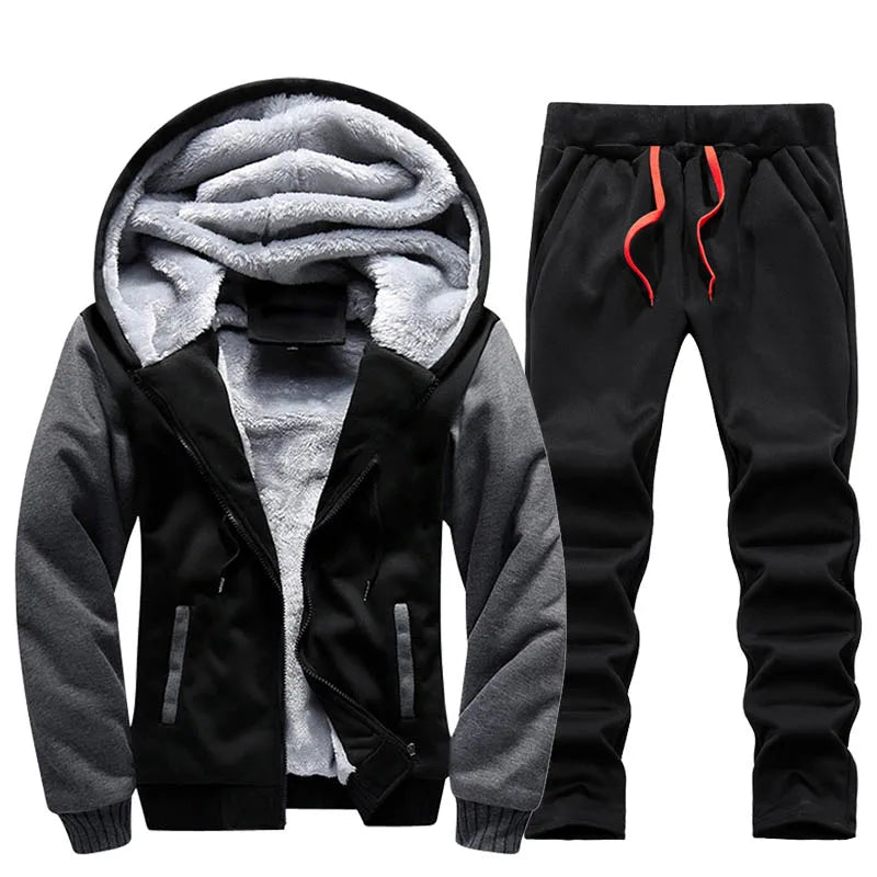 Herrvinterjackor Tjock Varm Jacka Märkes Sportkläder Kappa Byxor Enfärgad Fleece Dragkedja Huva Långärmad Herr Ytterkläder