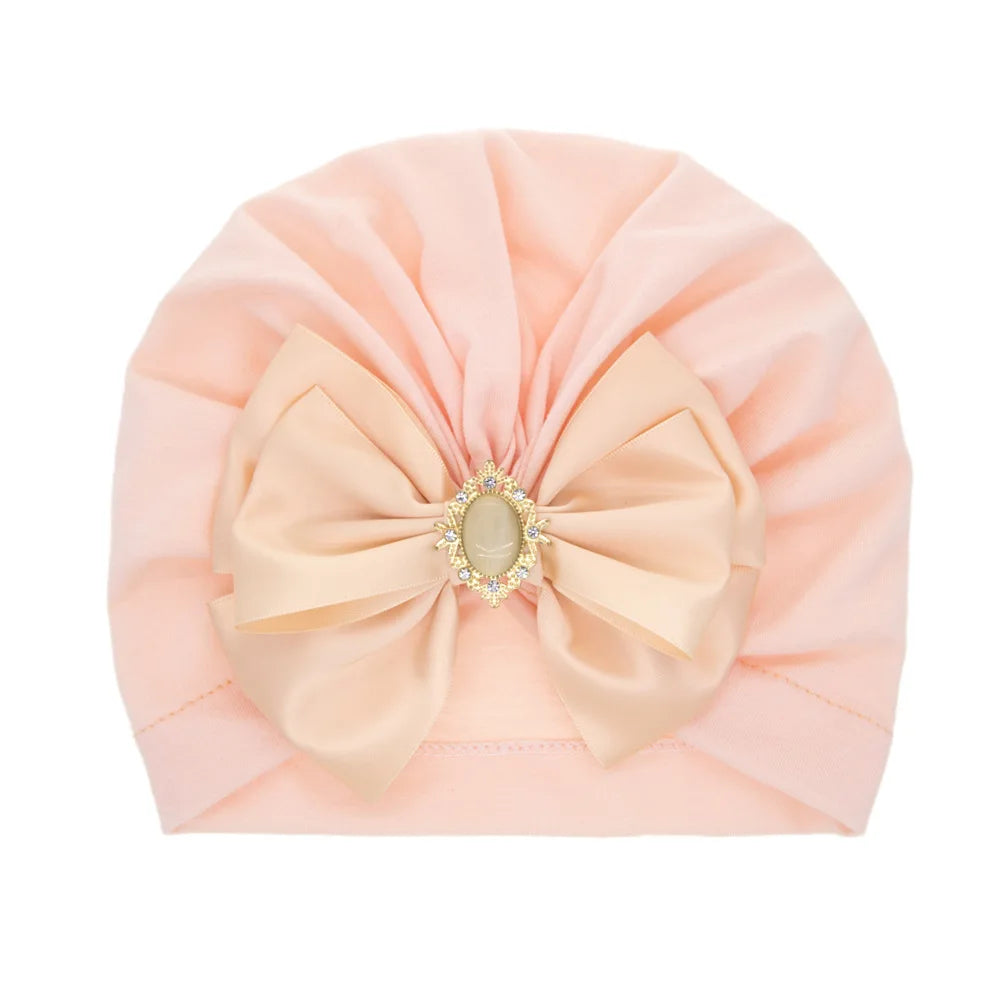 Enfärgad Baby Turban Rosett Bling Strass Spädbarnsmössor Flicka Mössa Mode Handgjord Band Rosett Indisk Mössa Mjuk Huva 0-2År
