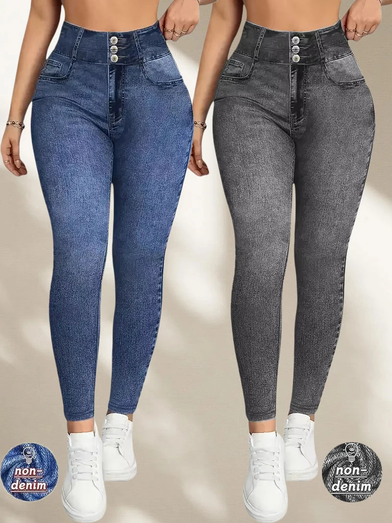 Denimtryck Yoga Långbyxor Magkontroll Rumplyftande Andningsbar Bekväm Modern För Sport Och Vardagskläder