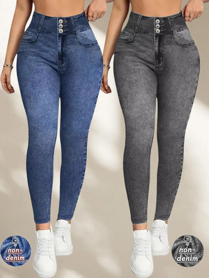 Denimtryck Yoga Långbyxor Magkontroll Rumplyftande Andningsbar Bekväm Modern För Sport Och Vardagskläder