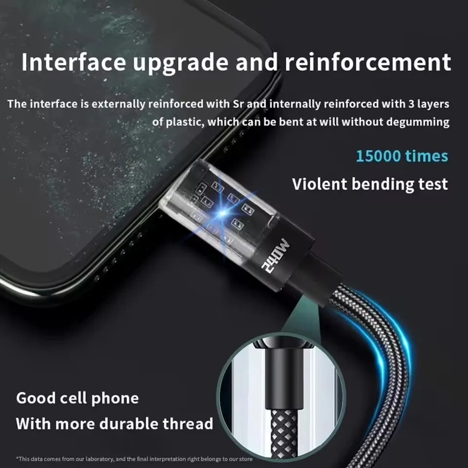 240W Nylonkabel USB Typ C Supersnabb Laddningskabel För Samsung Xiaomi Huawei Honor LED Digital Display Snabb Laddare Datakabel