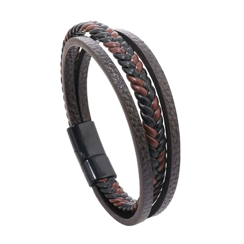 Flerskiktade flätade reparmband för män, klassiskt handgjort PU-läderarmband med magnetiskt spänne, trendiga punksmycken