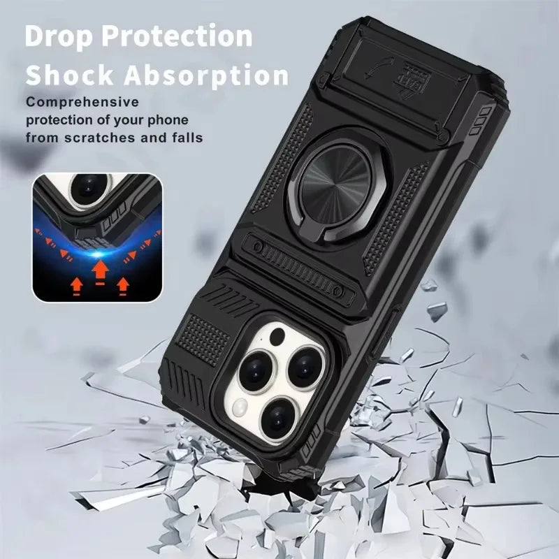 Militärkvalitetsskal för iPhone 11 13 14 15 16 Pro Max Magnetiskt roterande ringstativ Robust fallskyddande plånboksfodral