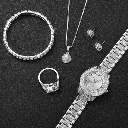 6 delar/set damklocka moderiktig strass romsk urtavla kvartsklocka stålarmband armbandsur diamantsmyckenset (utan ask)