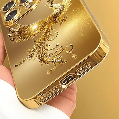 Glasmobilskal med diamantmönster i guld och ”Golden Phoenix”-motiv samt guldmetallicfärg för iPhone 17 Pro Max, 11, 12, 13, 14, 15, 16 Plus, 17 Air och 16E