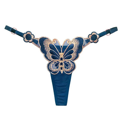 Fjärilsspetsstringtrosor för kvinnor Låg midja G-stringtrosor Transparenta meshtrosor Sexiga broderade trosor Justerbar midja Culotte Femm