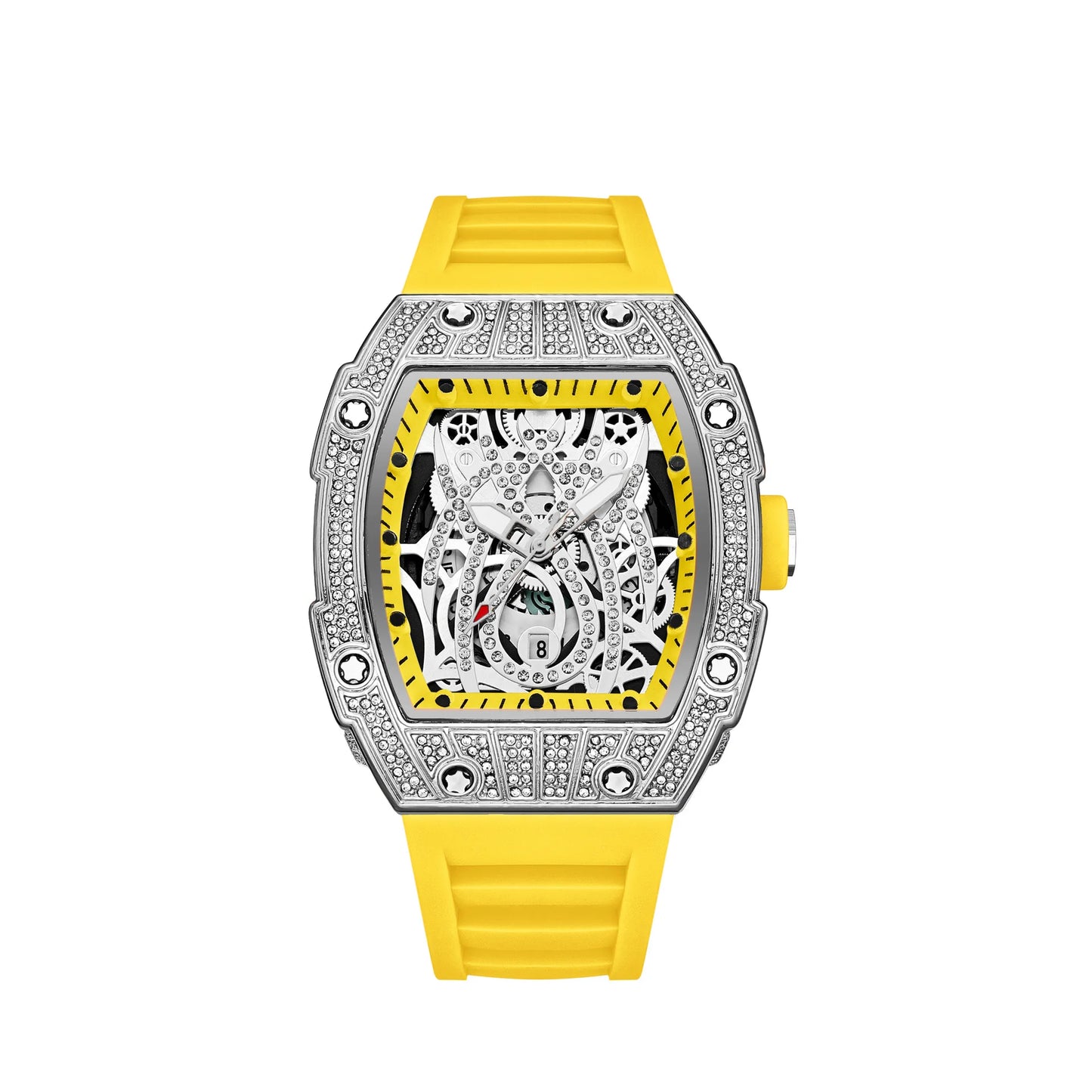 Mode Tonneau Hollow Full Diamond Gravyrhuvud Quartz Klocka Herr Lyxig Lysande Vattentät Datum Klockor Herr Stål Herrklocka