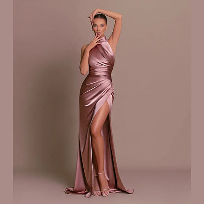 2026 Retro-stil Satin Halter Maxiklänning Elegant Midja Bantande Hög Slits Fest Formella Tillfällen Enfärgad Minimalism Lång Kjol