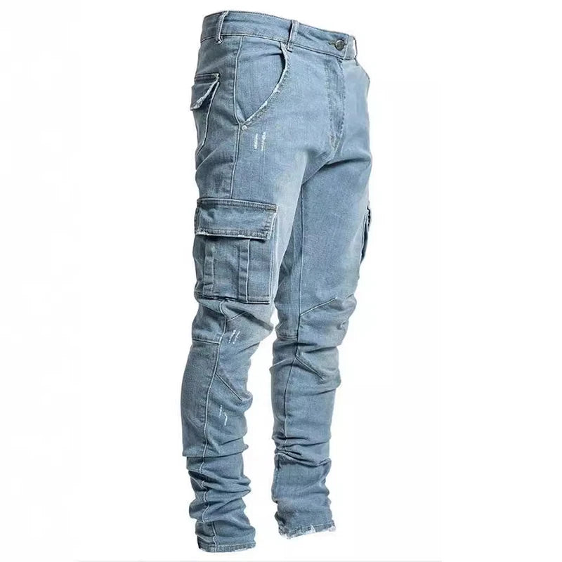 Herr Amerikanska Jeans Med Flerficksfickor Herr Nya Slim Fit Smala Ben Denimbyxor Dagligen Casual Mångsidiga Enfärgade Pennbyxor