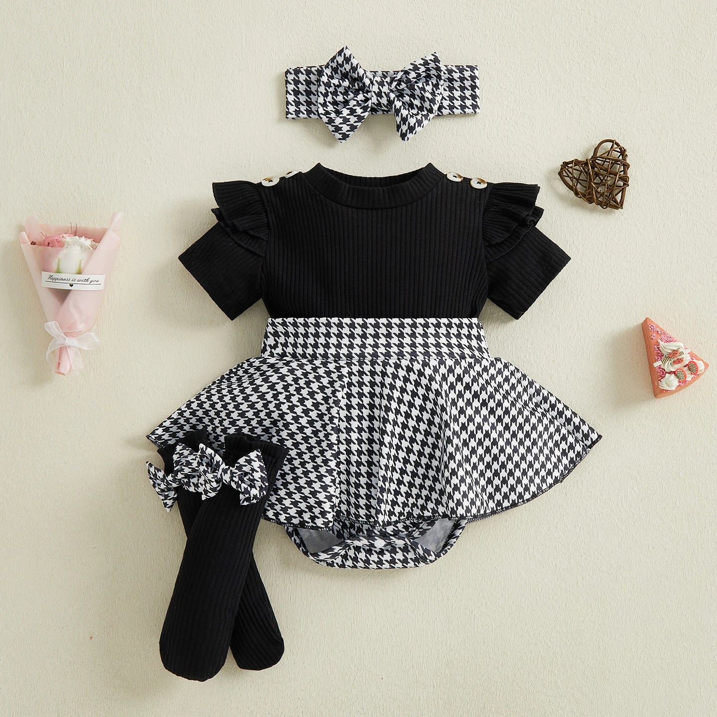 Spädbarn Nyfödd Baby Flicka Våroutfit Hundtandsmönster Kortärmad Ribbad Sparkdräkt Klänning Rosett Pannband och Strumpor 3 Delat Set