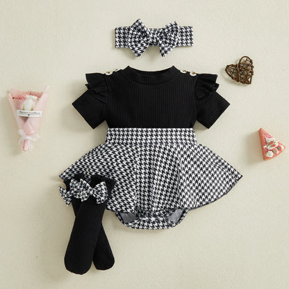 Spädbarn Nyfödd Baby Flicka Våroutfit Hundtandsmönster Kortärmad Ribbad Sparkdräkt Klänning Rosett Pannband och Strumpor 3 Delat Set
