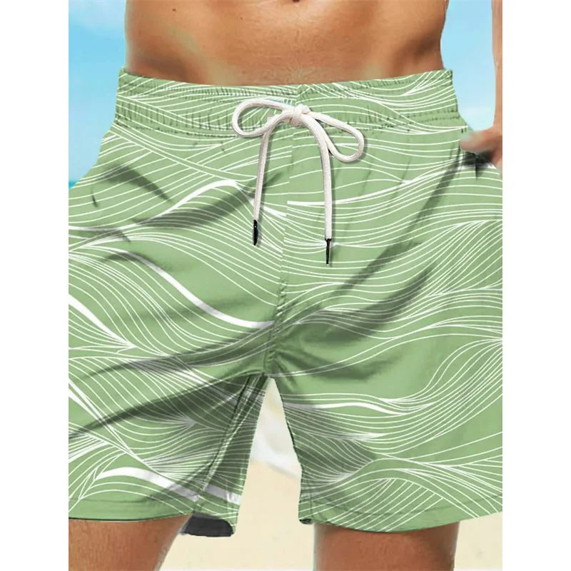 Böjda randiga badbyxor med grafisk design för män, moderiktiga 3D-tryck, korta byxor, sommarsemester, hawaiianska, dragsko, snabbtorkande boardshorts