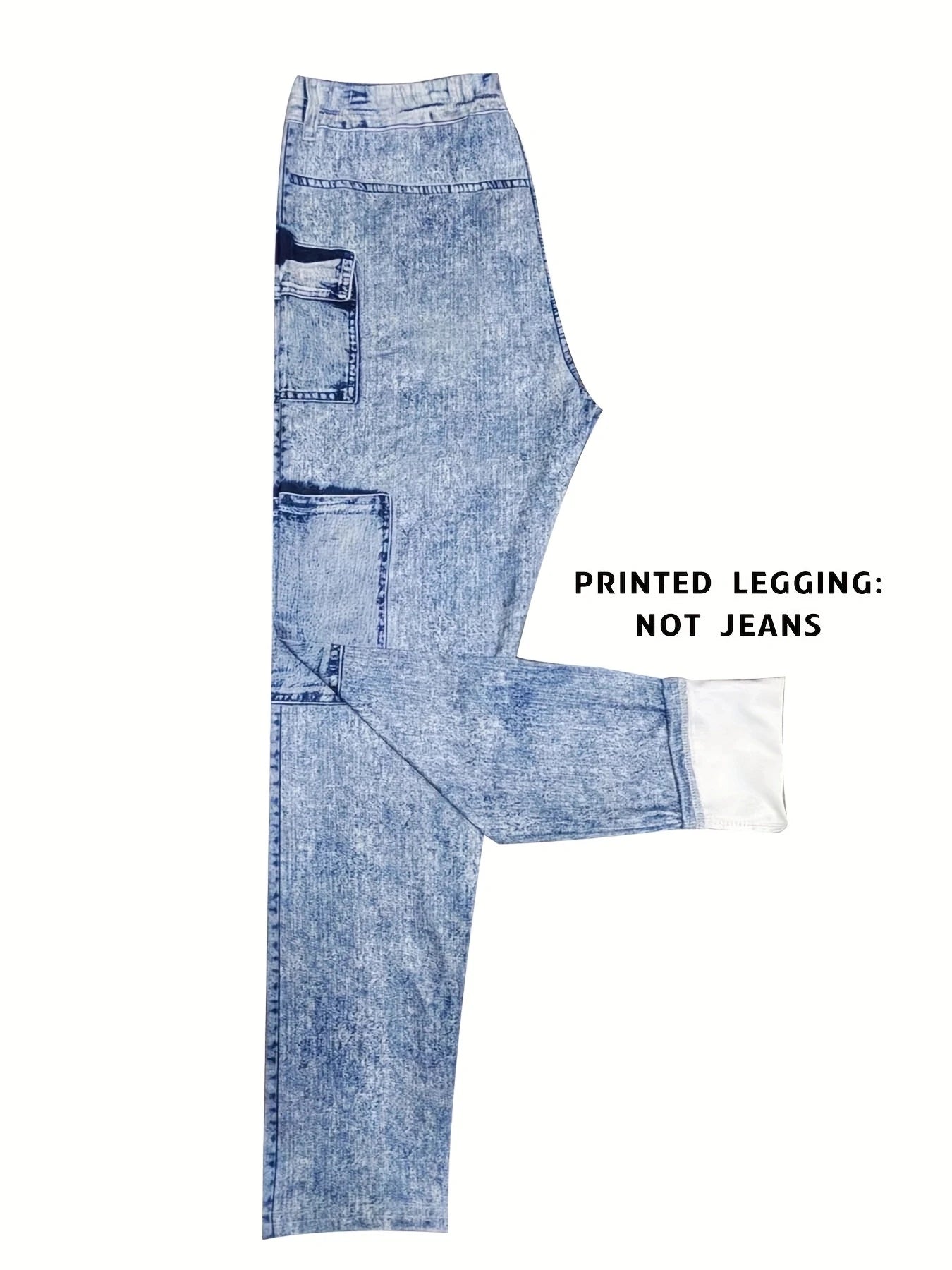 Modetryckta faux denim skinny byxor, hög midja elastisk höftlyftande magkontroll ytterkläder långa leggings