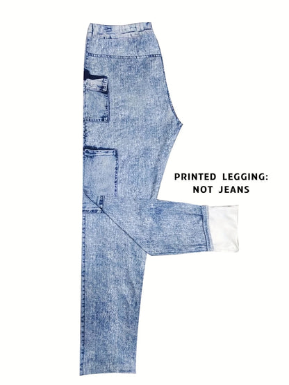 Modetryckta faux denim skinny byxor, hög midja elastisk höftlyftande magkontroll ytterkläder långa leggings
