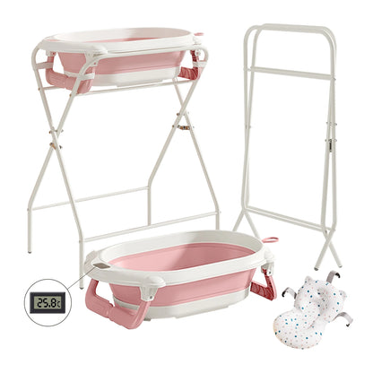 3 in 1 Baby Bath with Stand, Foldable Baby Bath Tub for Newborn to Toddler with Thermometer & Bath Pillow,Multifunctional,Grey