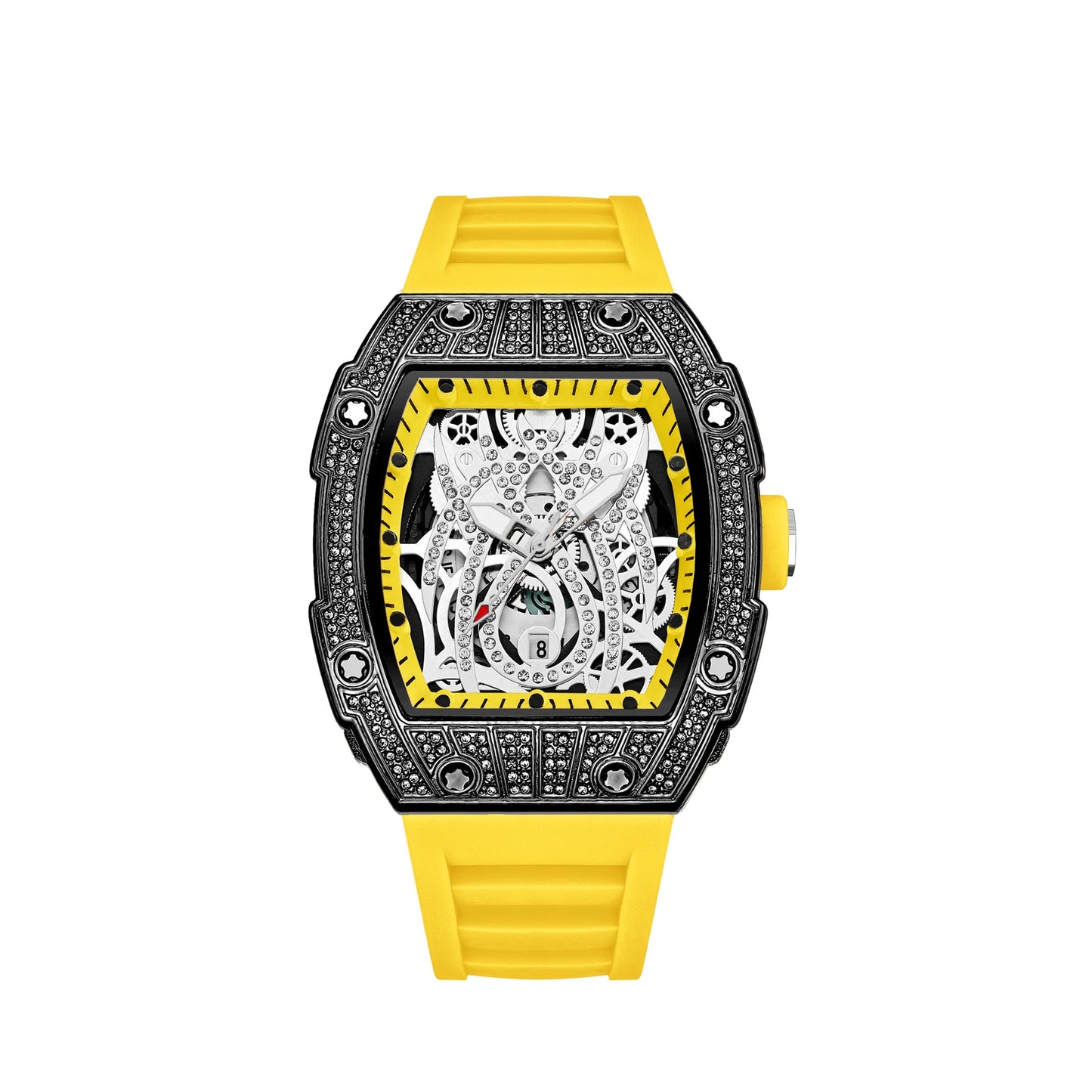 Mode Tonneau Hollow Full Diamond Gravyrhuvud Quartz Klocka Herr Lyxig Lysande Vattentät Datum Klockor Herr Stål Herrklocka
