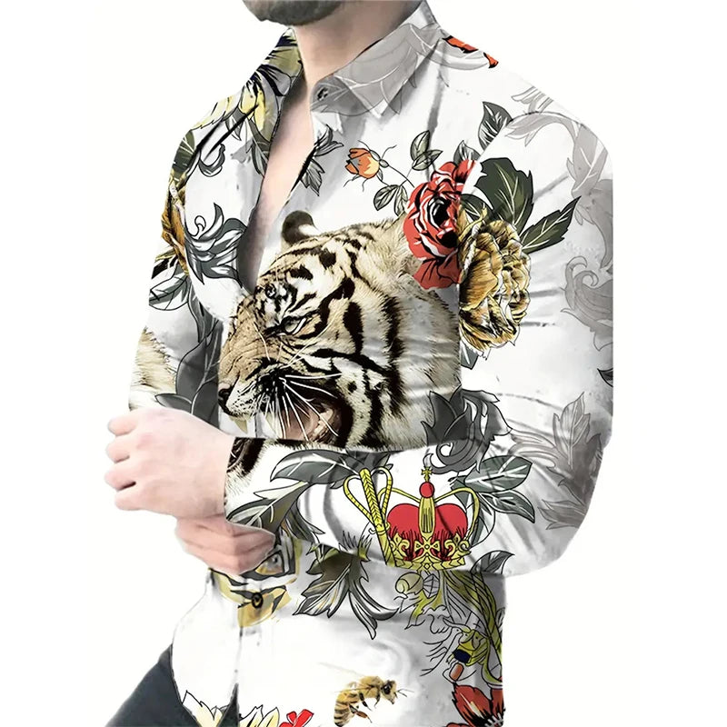 Långärmade skjortor med tigertryck för män, 3D-tryck med djurmotiv, casual skjorta med knappar, slim fit, plus size-skjorta