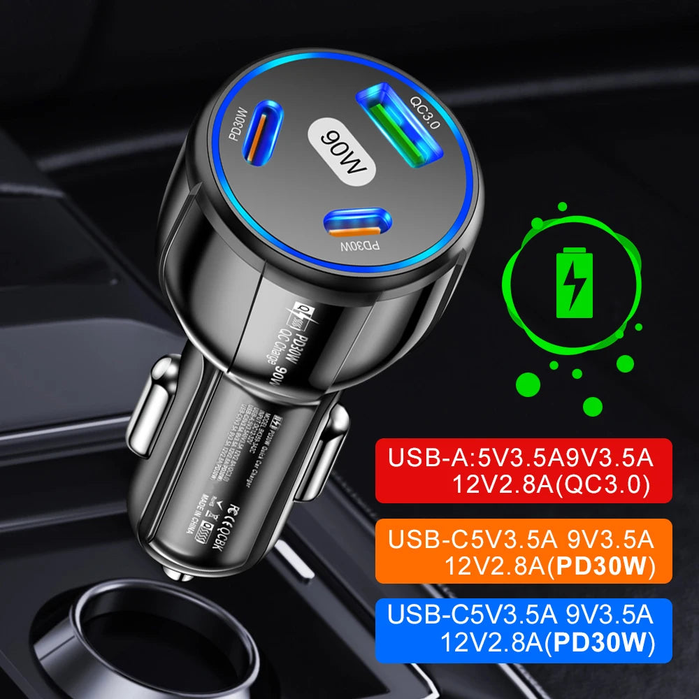 90W USB-billaddare 3-4 portar PD typ C snabbladdningsadapter för iPhone 14 13 Xiaomi Samsung snabbladdare i bilen