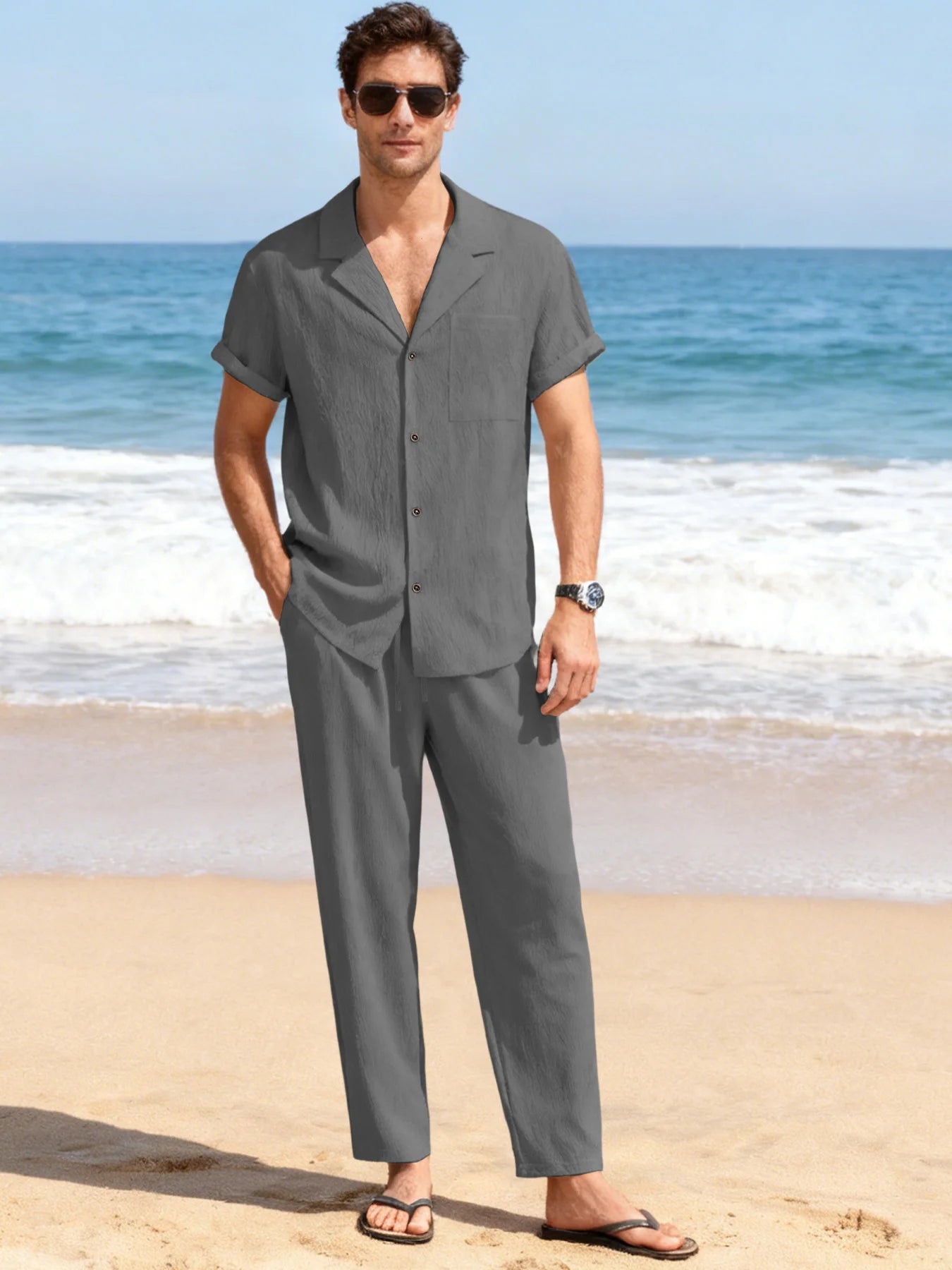 Herr Strand Linne Kortärmad Skjorta Byxor Set Sommar Casual Issiden Pikétröja Långbyxor 2-delat Set Trendigt Vardags Herrkostym