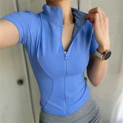 Casual Slim Sportjacka För Damer Kortärmad Enfärgad Dragkedja Toppar Dam Cykling Löpning Yoga Outfit Kläder Sommar Sportjacka