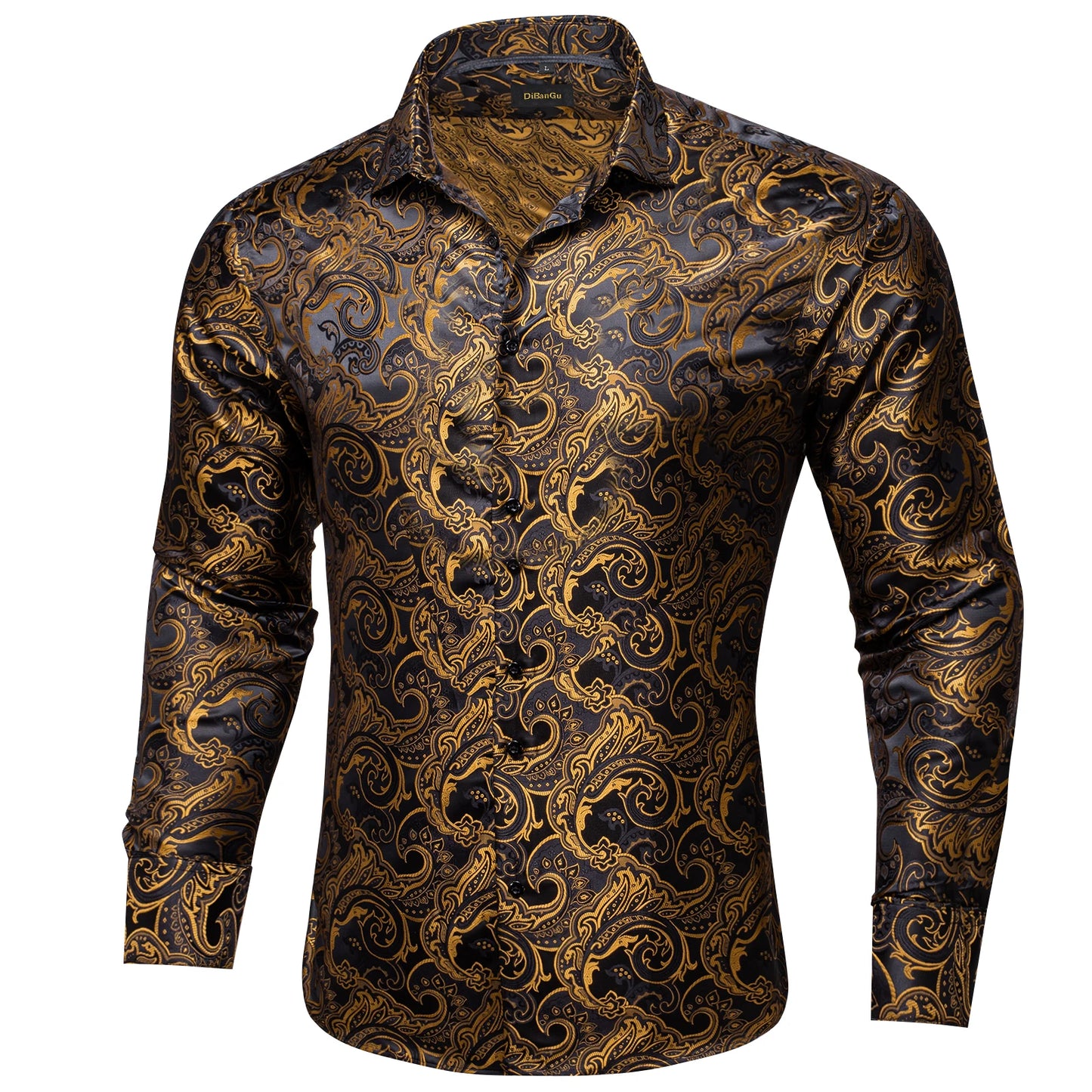 2026 Lyxig Herrskjorta Formell Bal Smoking Långärmad Siden Polyester Gyllene Färg Paisley Svarta Skjortor Blus Herrkläder