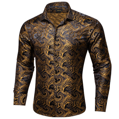 2026 Lyxig Herrskjorta Formell Bal Smoking Långärmad Siden Polyester Gyllene Färg Paisley Svarta Skjortor Blus Herrkläder