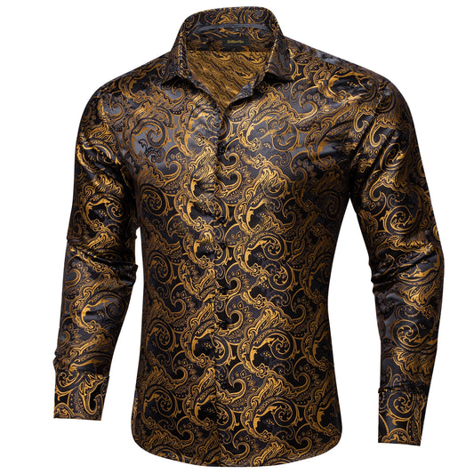 2026 Lyxig Herrskjorta Formell Bal Smoking Långärmad Siden Polyester Gyllene Färg Paisley Svarta Skjortor Blus Herrkläder