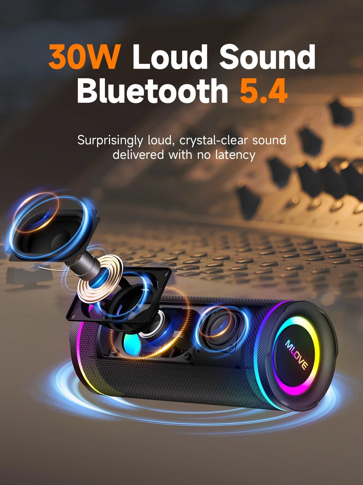 MLOVE E80 Bärbar Bluetooth-högtalare – Kraftfullt dubbelt ljud, färgglad RGB-belysning, helt vattentät (IPX7), TWS-kompatibel