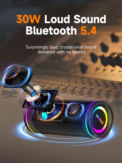 MLOVE E80 Bärbar Bluetooth-högtalare – Kraftfullt dubbelt ljud, färgglad RGB-belysning, helt vattentät (IPX7), TWS-kompatibel