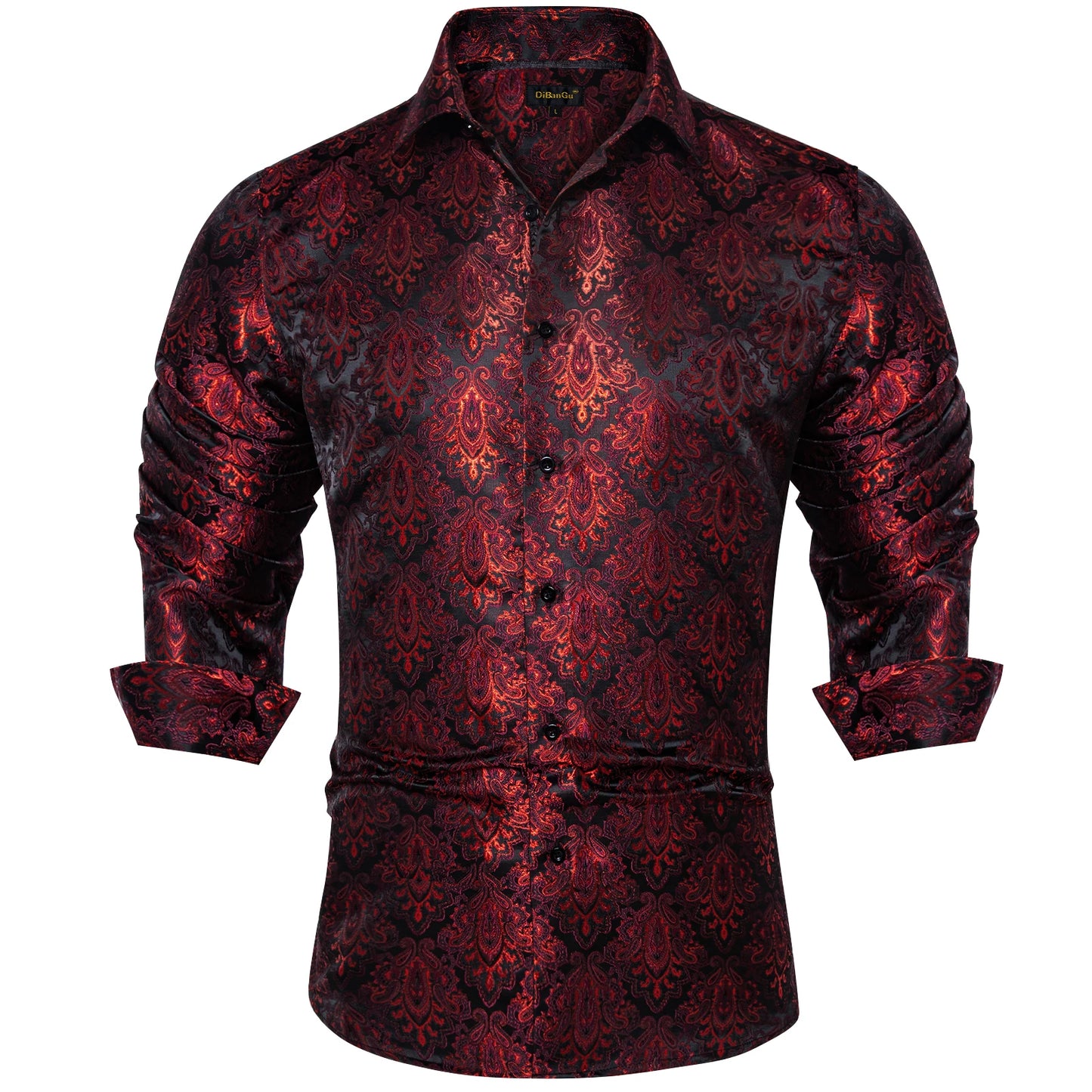 2026 Lyxig Herrskjorta Formell Bal Smoking Långärmad Siden Polyester Gyllene Färg Paisley Svarta Skjortor Blus Herrkläder