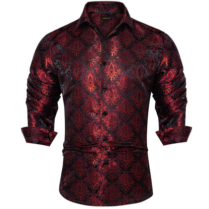 2026 Lyxig Herrskjorta Formell Bal Smoking Långärmad Siden Polyester Gyllene Färg Paisley Svarta Skjortor Blus Herrkläder