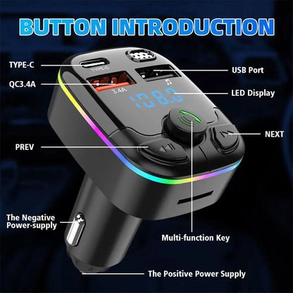 Bluetooth 5.0 Bil FM-sändare PD Typ-C Dubbel USB Ambient-spelare Handsfree MP3-laddare Typ-C Trådlös lampa PD QC3.0 Adapter