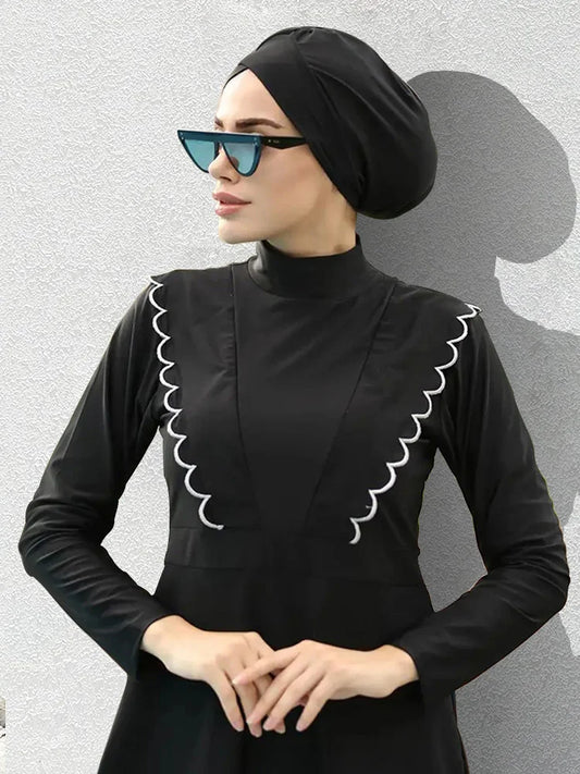 3 st Black Series Modest Burkini Femmes Muslimsk Baddräkt Badkläder Sommarstrand Dam Baddräkt Lotusbladskantdesign