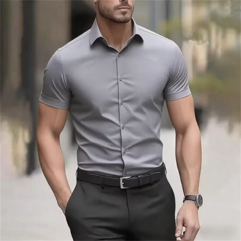 Herr Sommarskjorta för Business Kortärmad Stretchtyg Svart Utan Fickor Slim Fit Herrskjorta i Social Stil Hög Kvalitet 5XL