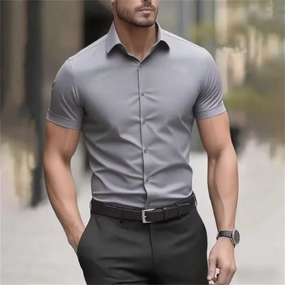 Herr Sommarskjorta för Business Kortärmad Stretchtyg Svart Utan Fickor Slim Fit Herrskjorta i Social Stil Hög Kvalitet 5XL