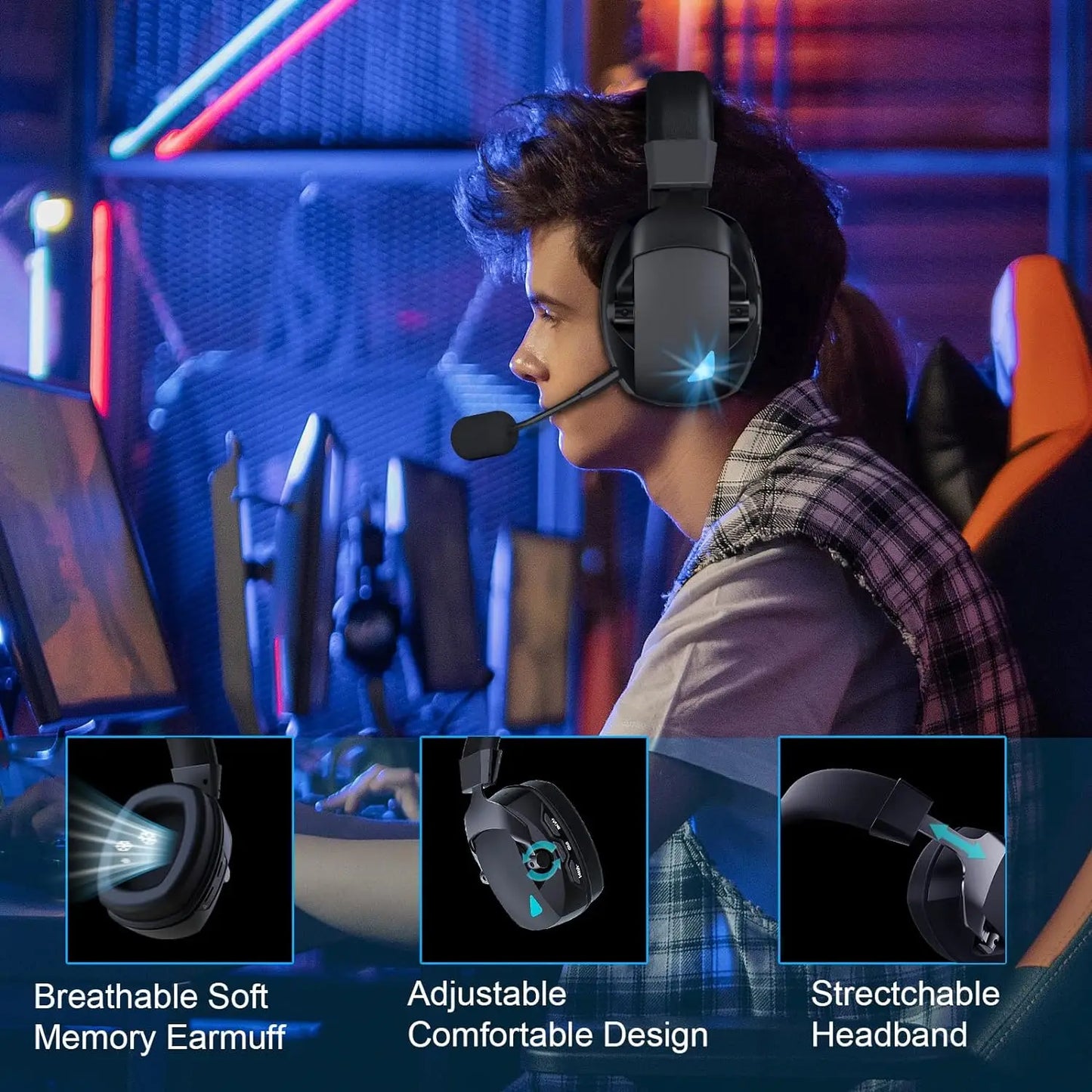 Gamingheadset med avtagbar brusreducerande mikrofon, 2.4G Bluetooth-USB-3.5mm trådansluten kontakt 3 lägen för flera enheter