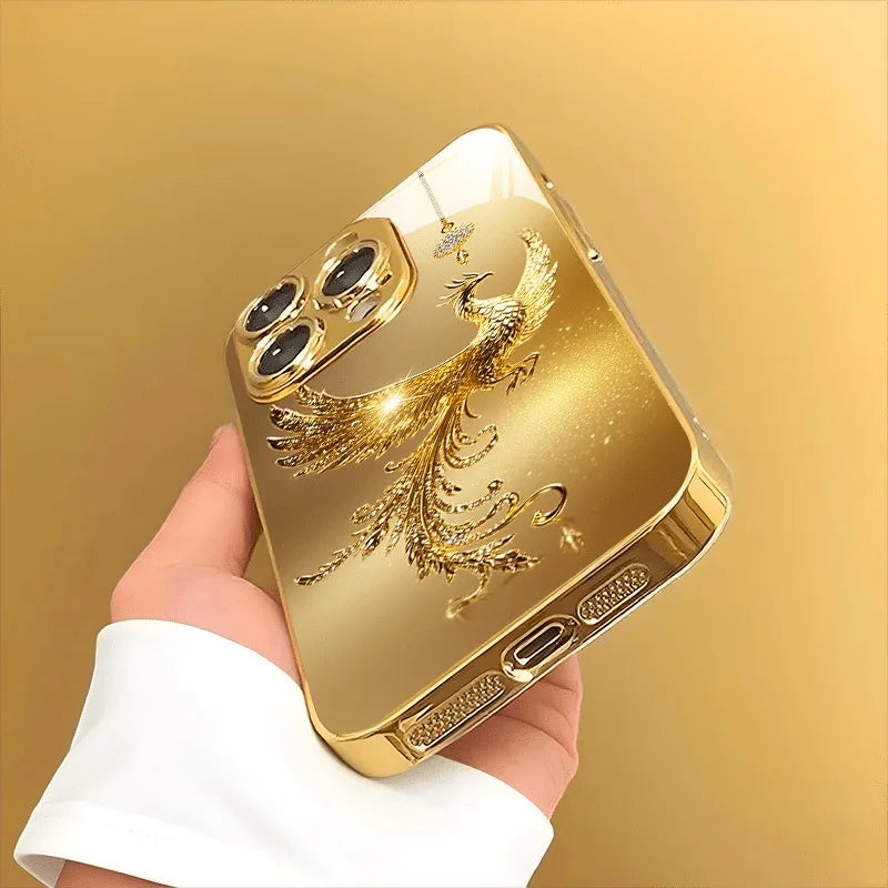 Glasmobilskal med diamantmönster i guld och ”Golden Phoenix”-motiv samt guldmetallicfärg för iPhone 17 Pro Max, 11, 12, 13, 14, 15, 16 Plus, 17 Air och 16E