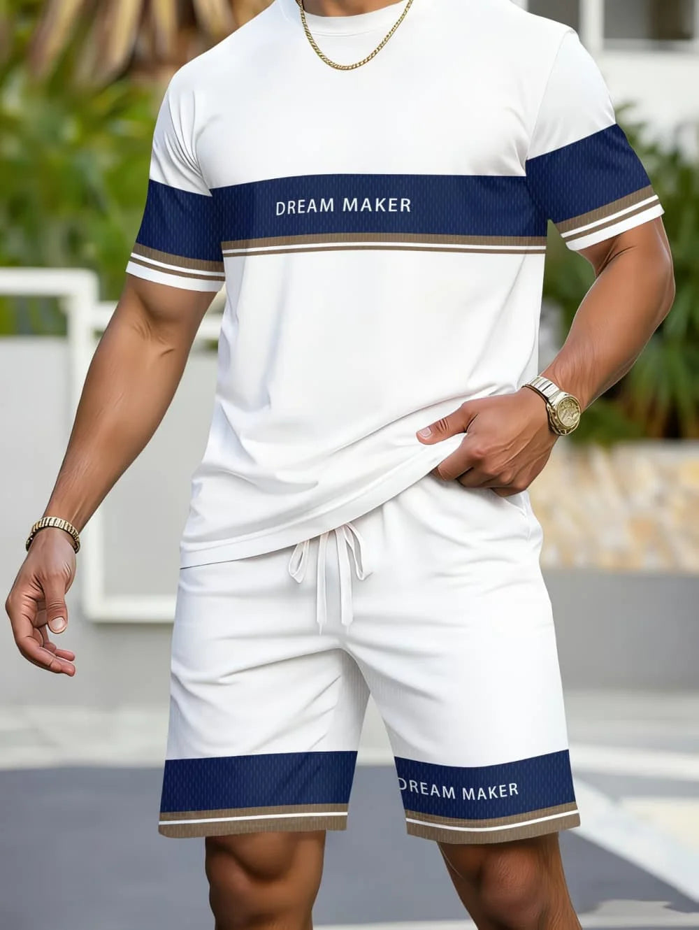 Avslappnad randig mönstrad t-shirt shorts set stor storlek lös herr kortärmad t-shirt med elastisk midja shorts 2-delat set sportkläder